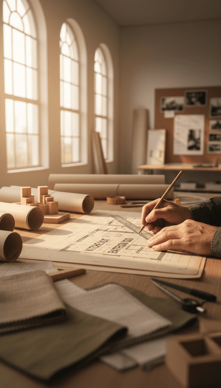 Designer sketching renovation plans at workspace