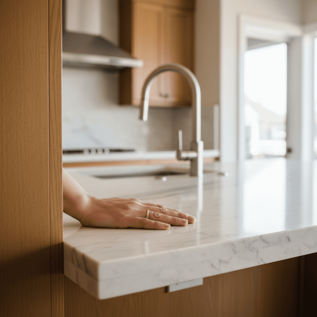 Newly renovated kitchen countertop detail with polished marble finish
