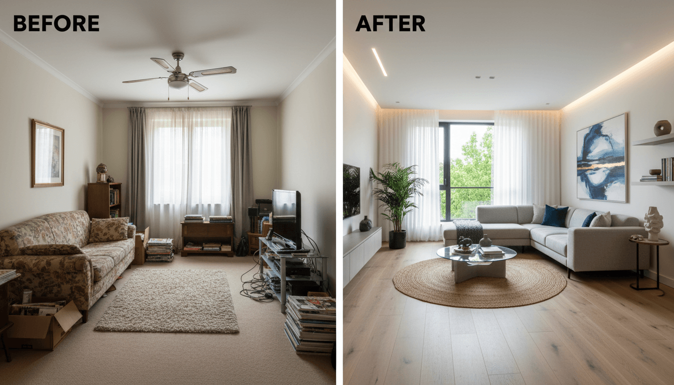 Modern renovated home interior showing a bright, professionally designed living space with quality finishes