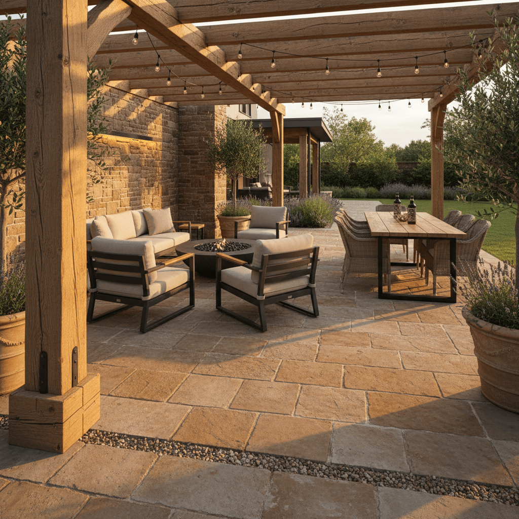 Outdoor entertaining space with stone paving and pergola