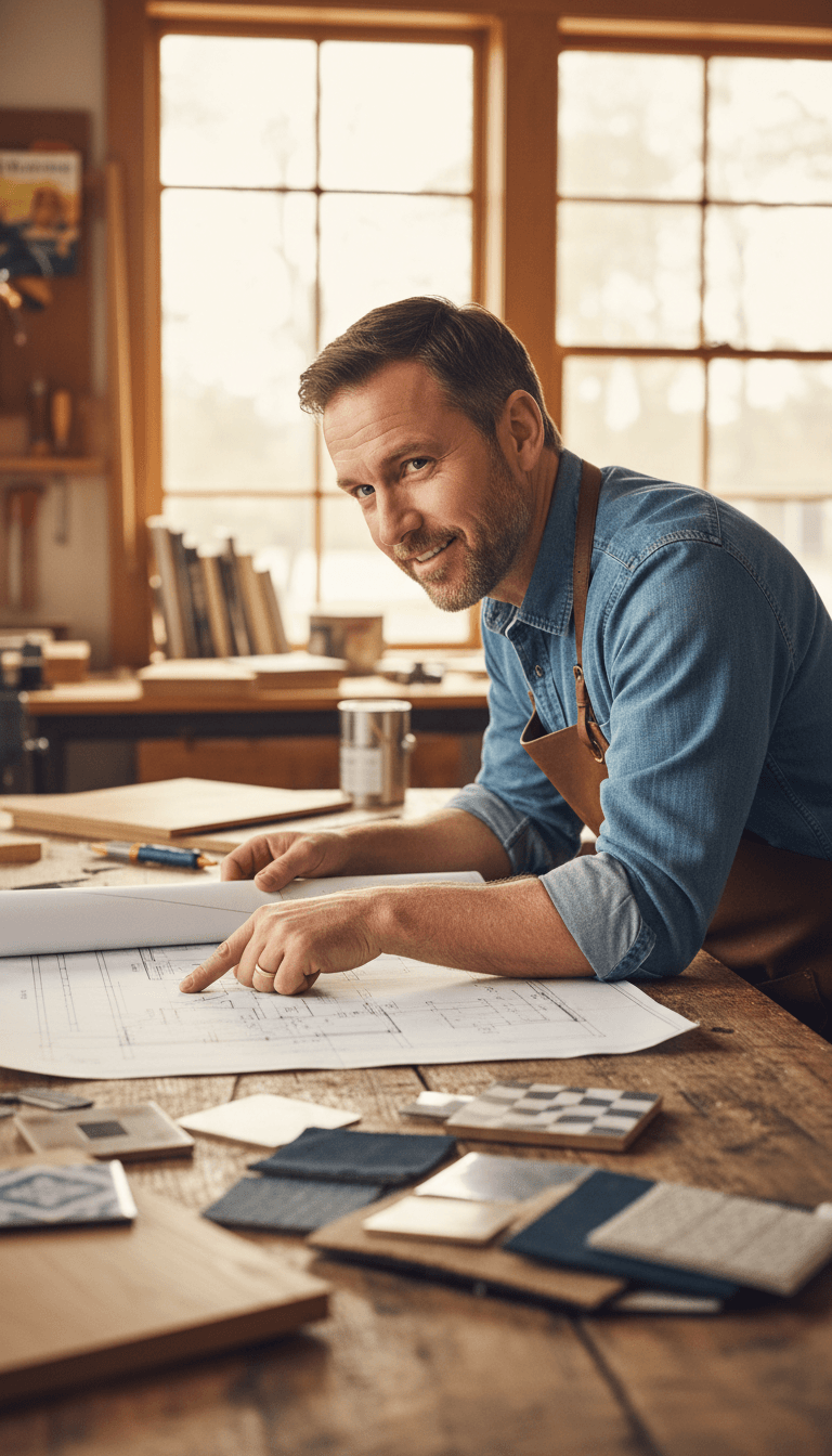 Professional designer reviewing renovation plans at workbench with natural light