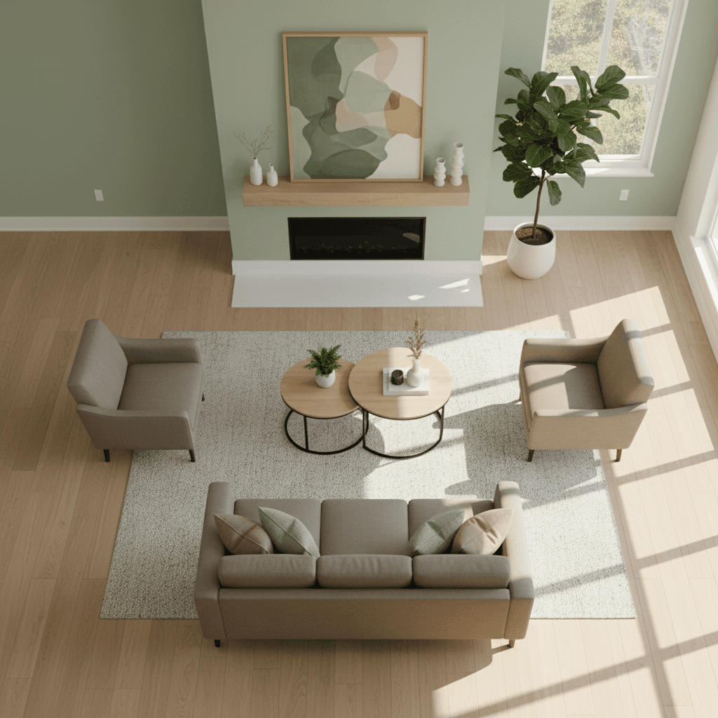 Living room with sage accent wall and modern furniture