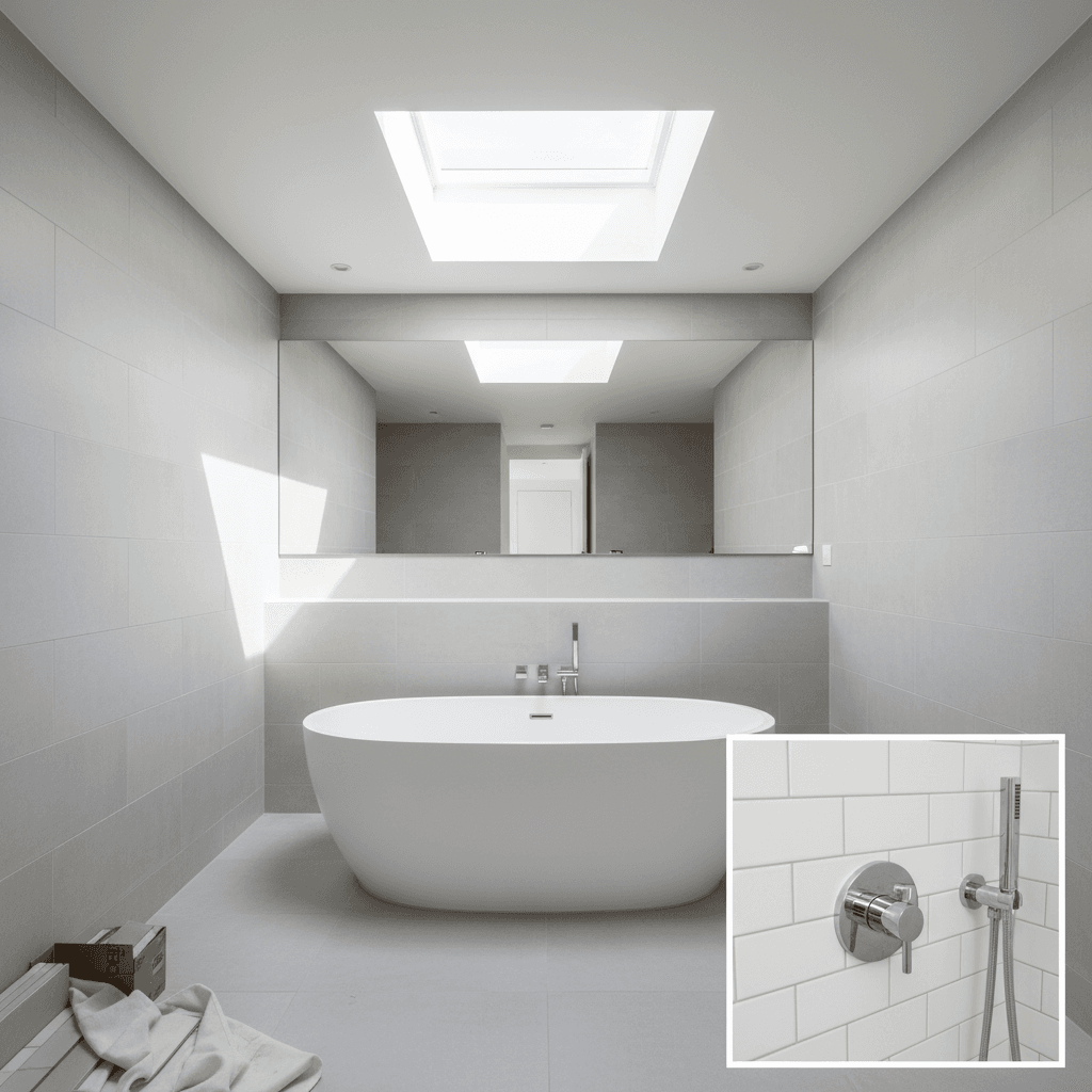 Contemporary bathroom with freestanding bath and skylight