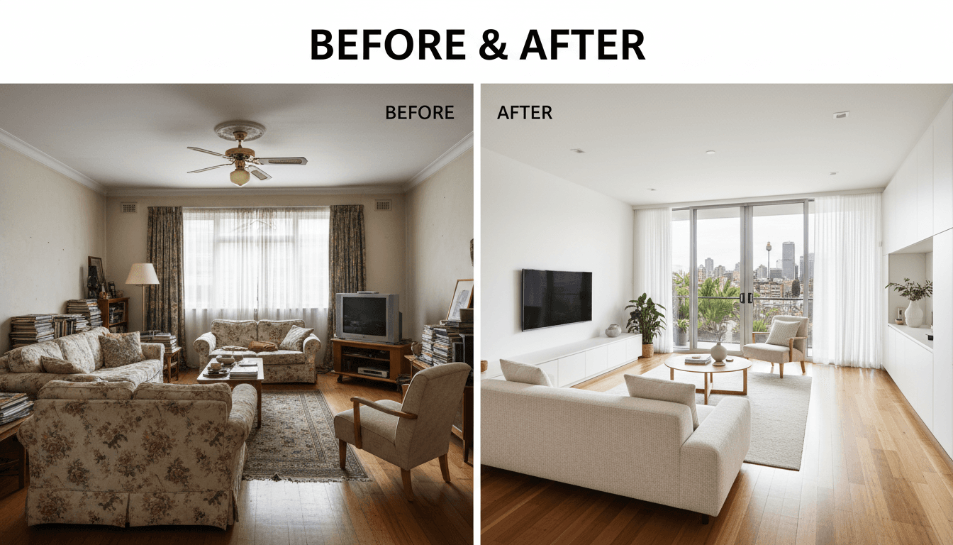 Before and after of a Sydney living room renovation showcasing transformation