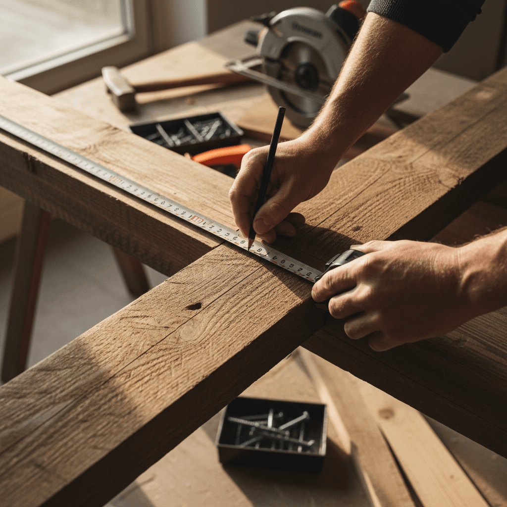 Tradesperson measuring and marking timber during renovation work