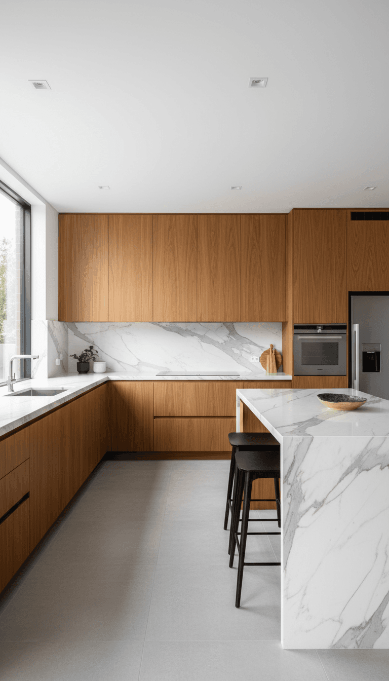 Modern kitchen with timber cabinetry and marble benchtops, elegantly lit